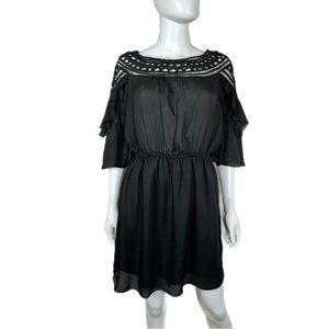 Giddy Up Glamour Black Ruffle Sleeve Lace Neckline Dress